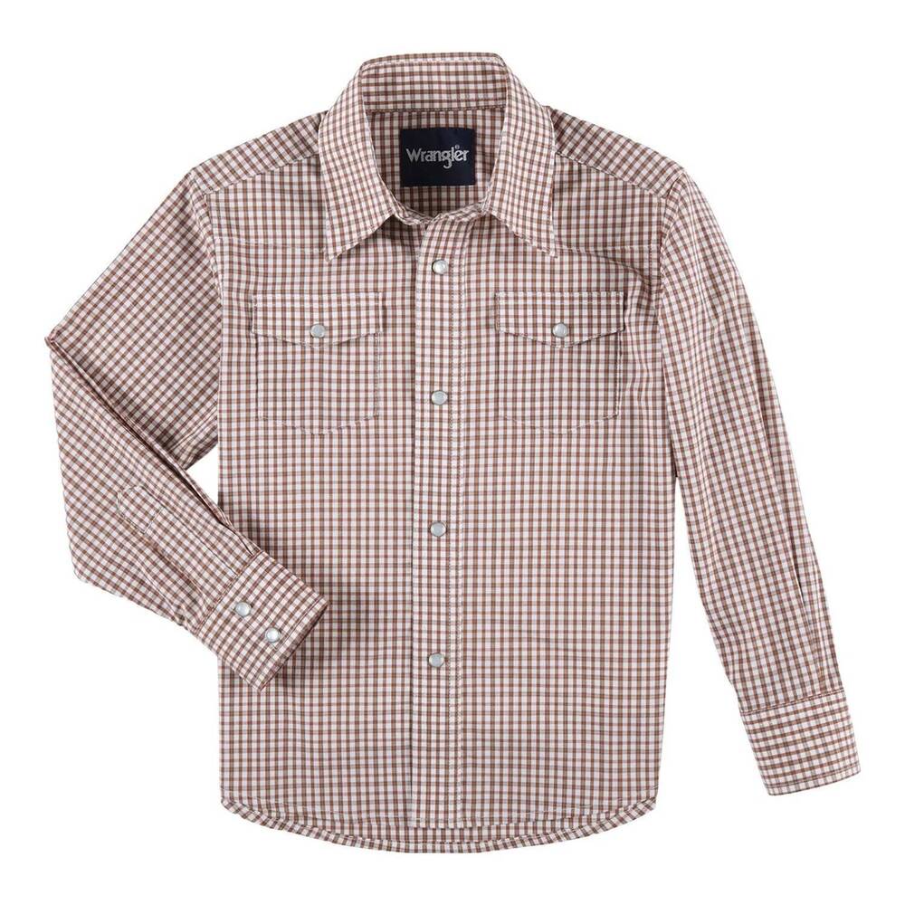 NEW WRANGLER boy's plaid long sleeve snap shirt in brown